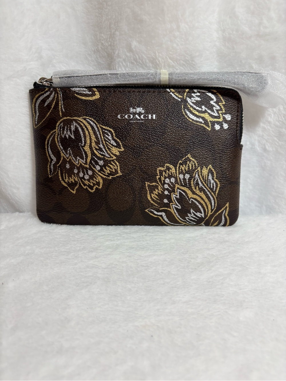 *NWT* COACH Corner Zip Wristlet Brown Signature Logo Metallic Tulip Floral Print